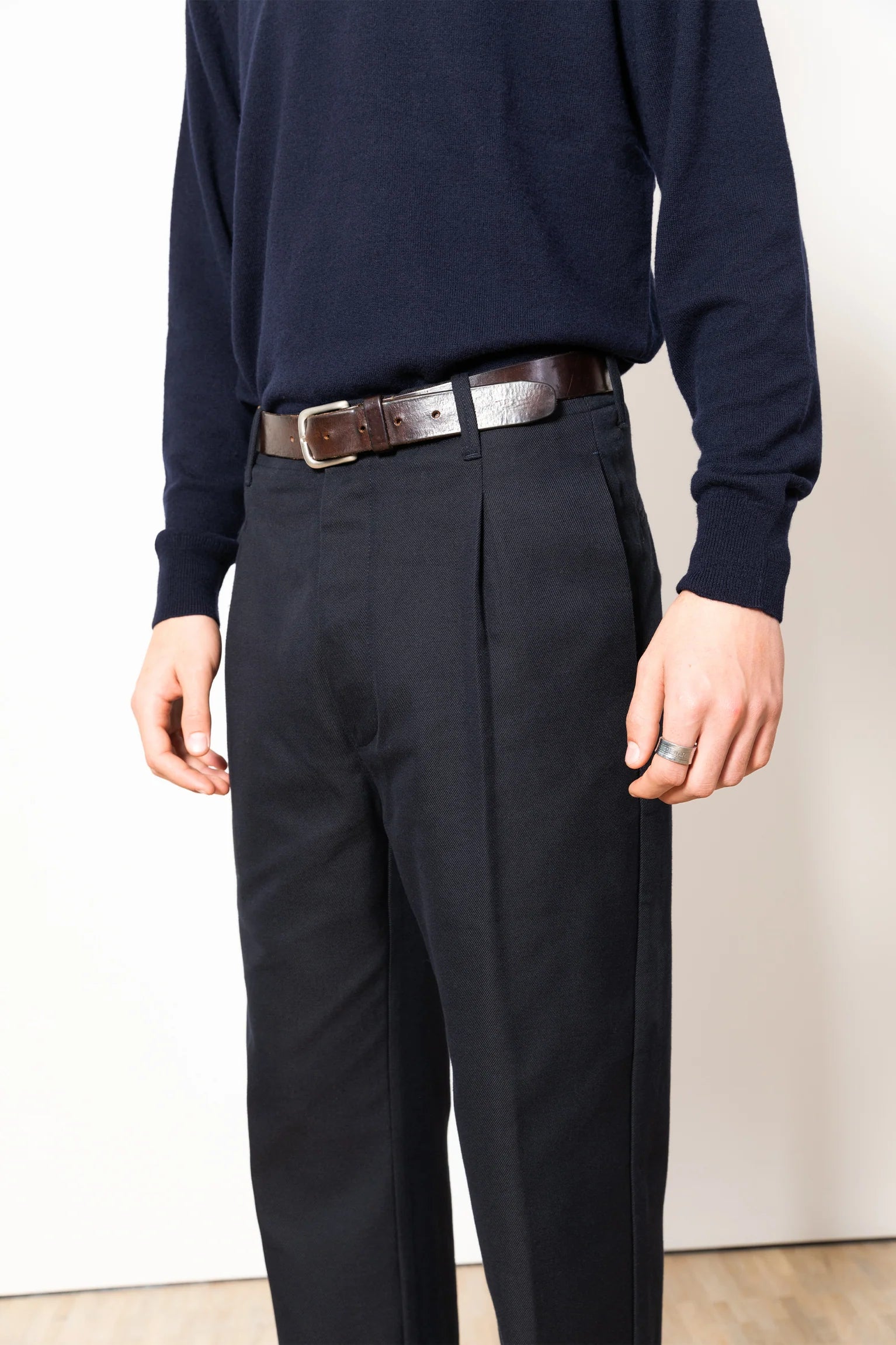 7d Navy Pleated Trousers