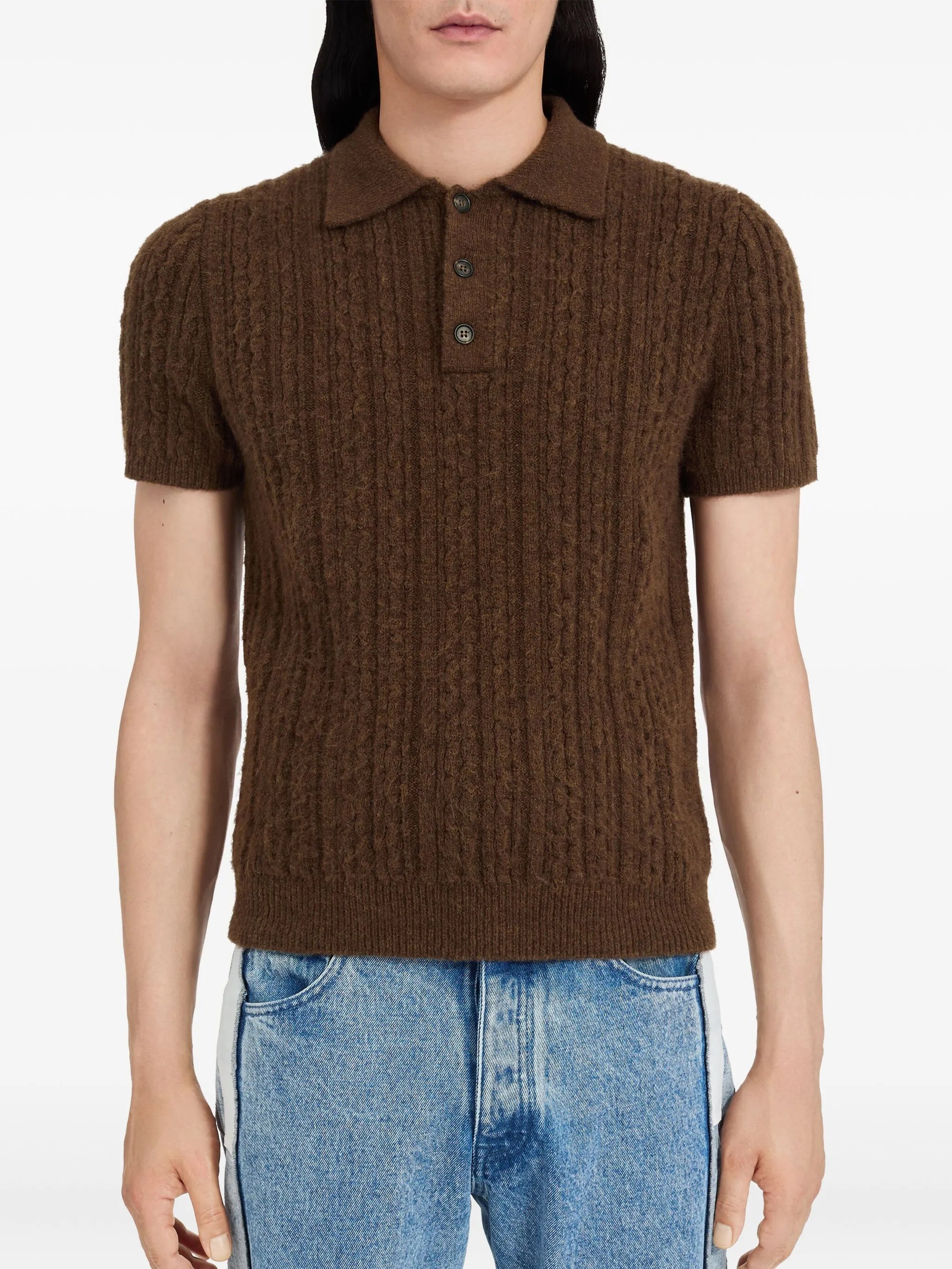 MM6 Maison Margiela Cable-Knit Polo Shirt Brown
