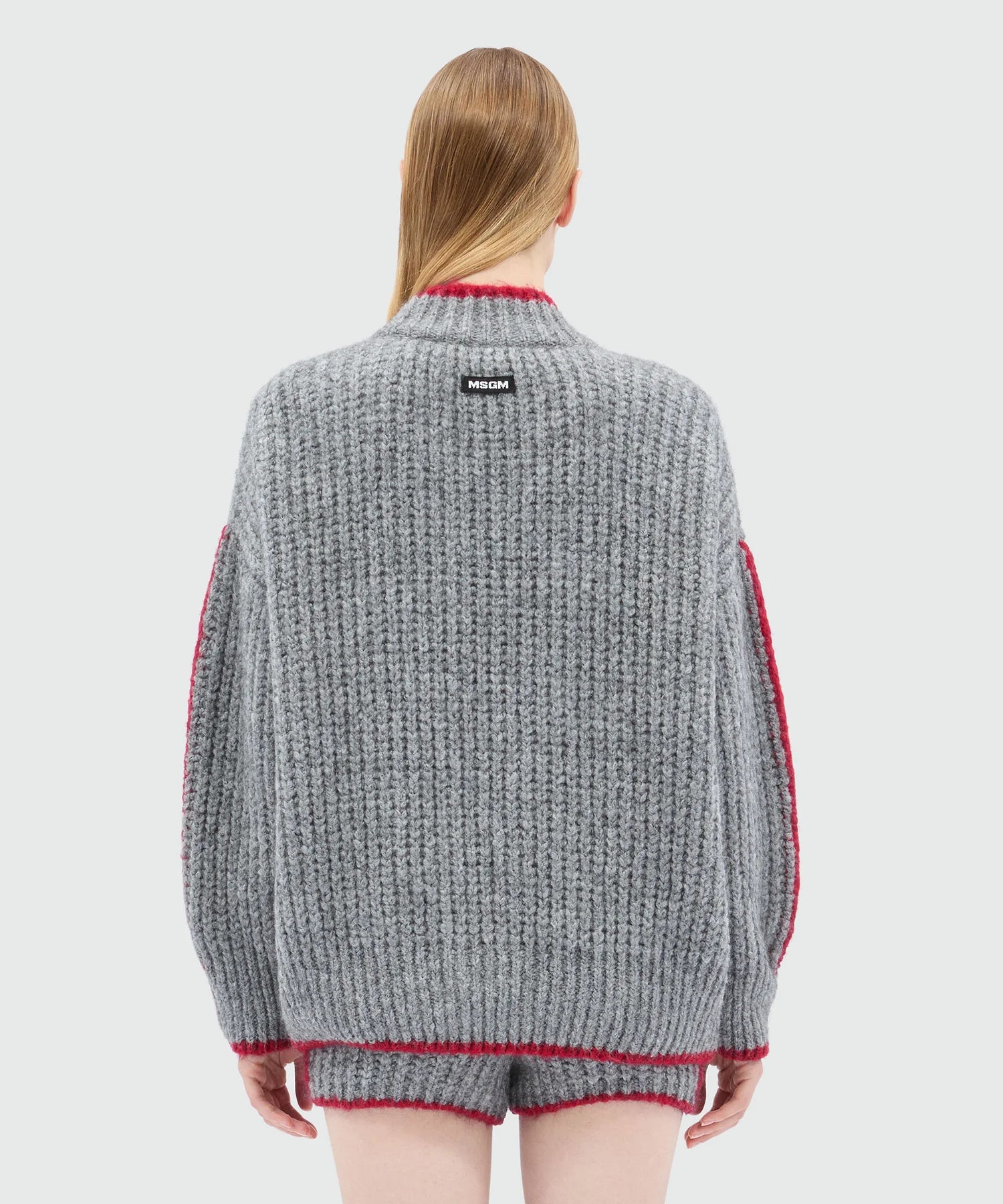 MSGM Grey Cardigan In Supersoft Knit With Contrasting Trim