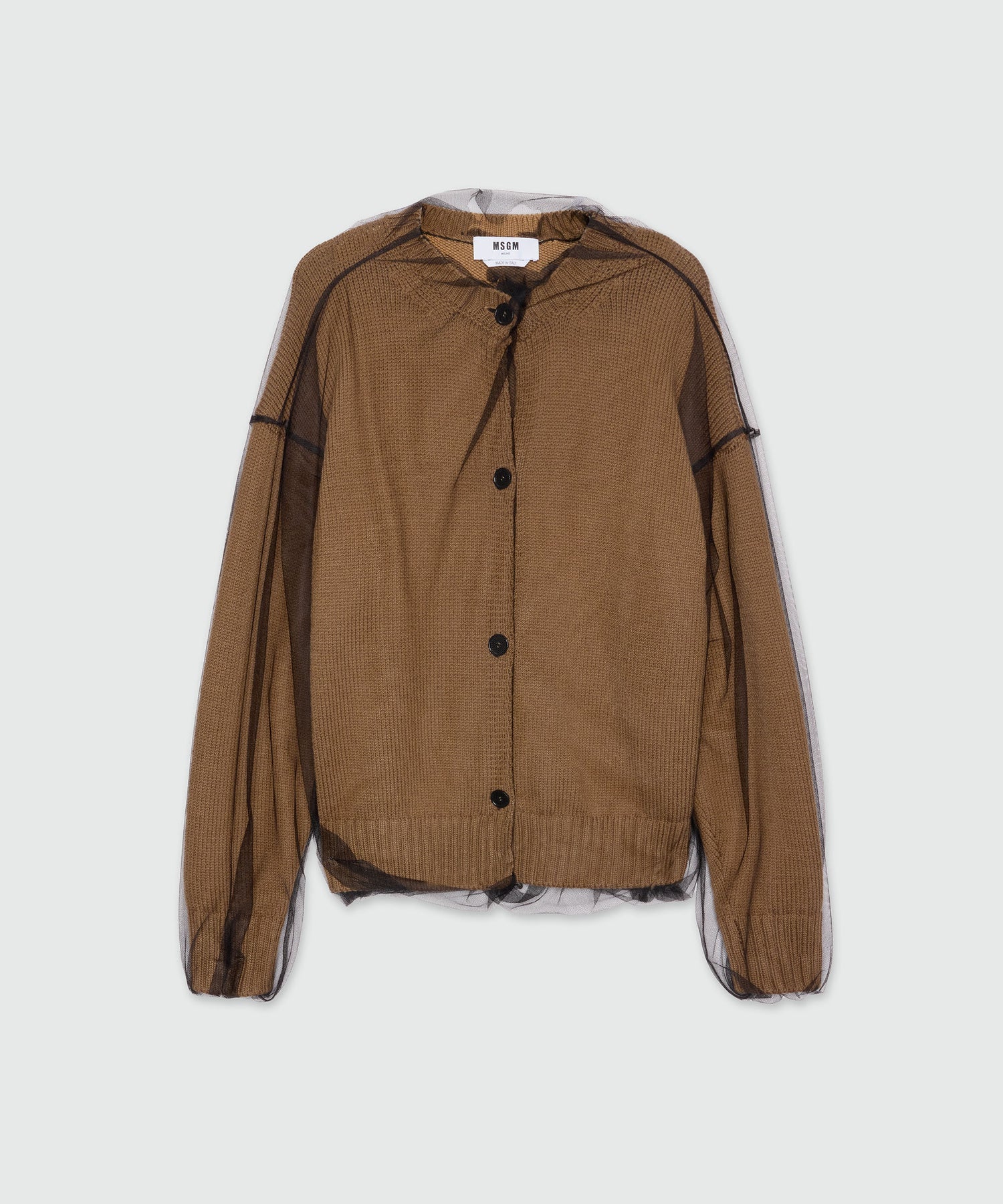 MSGM Wool Blend Cardigan With Tulle Layer Beige