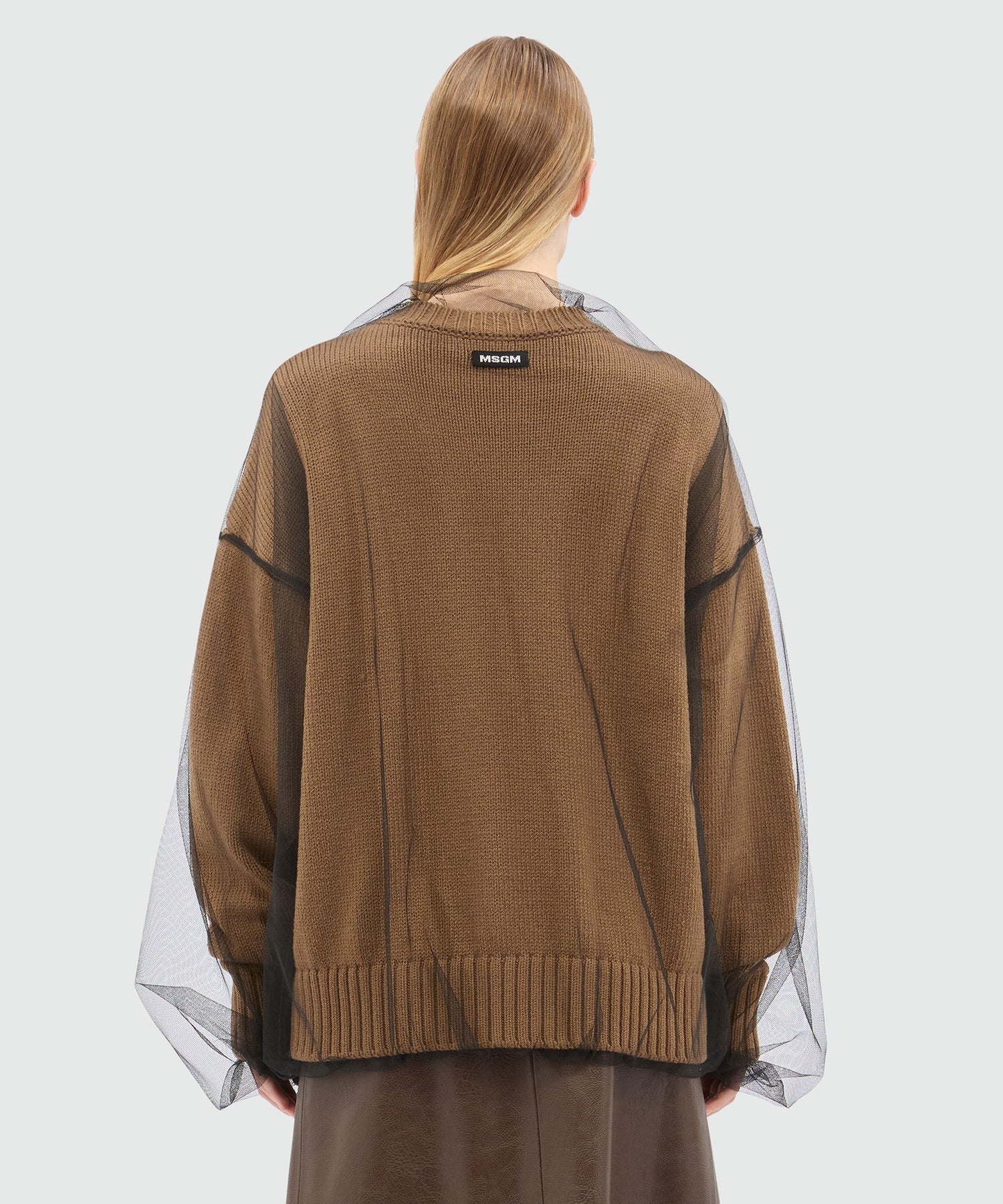 MSGM Wool Blend Cardigan With Tulle Layer Beige