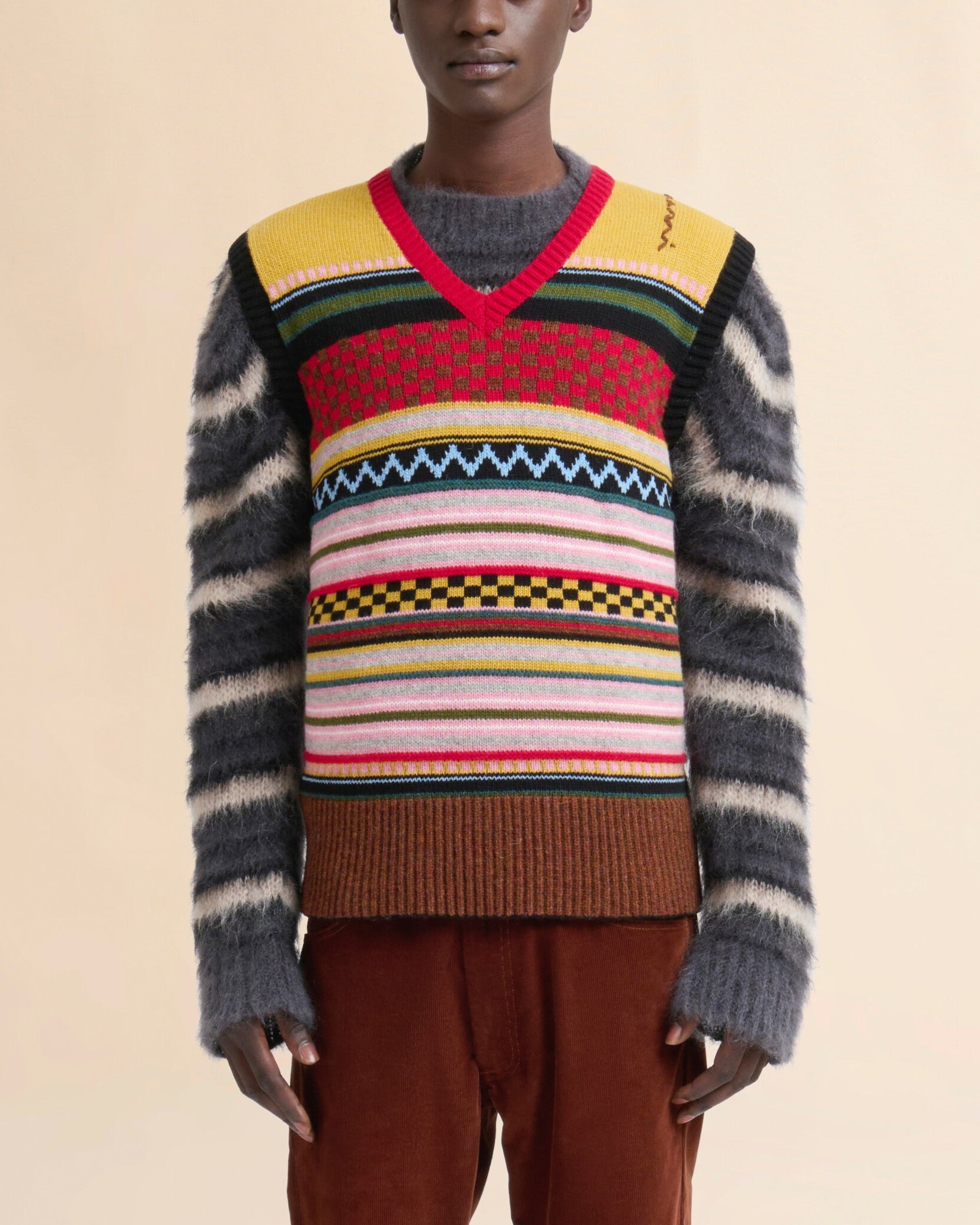 Marni Multicolour Wool Sleeveless Jumper With Mixed Patterns