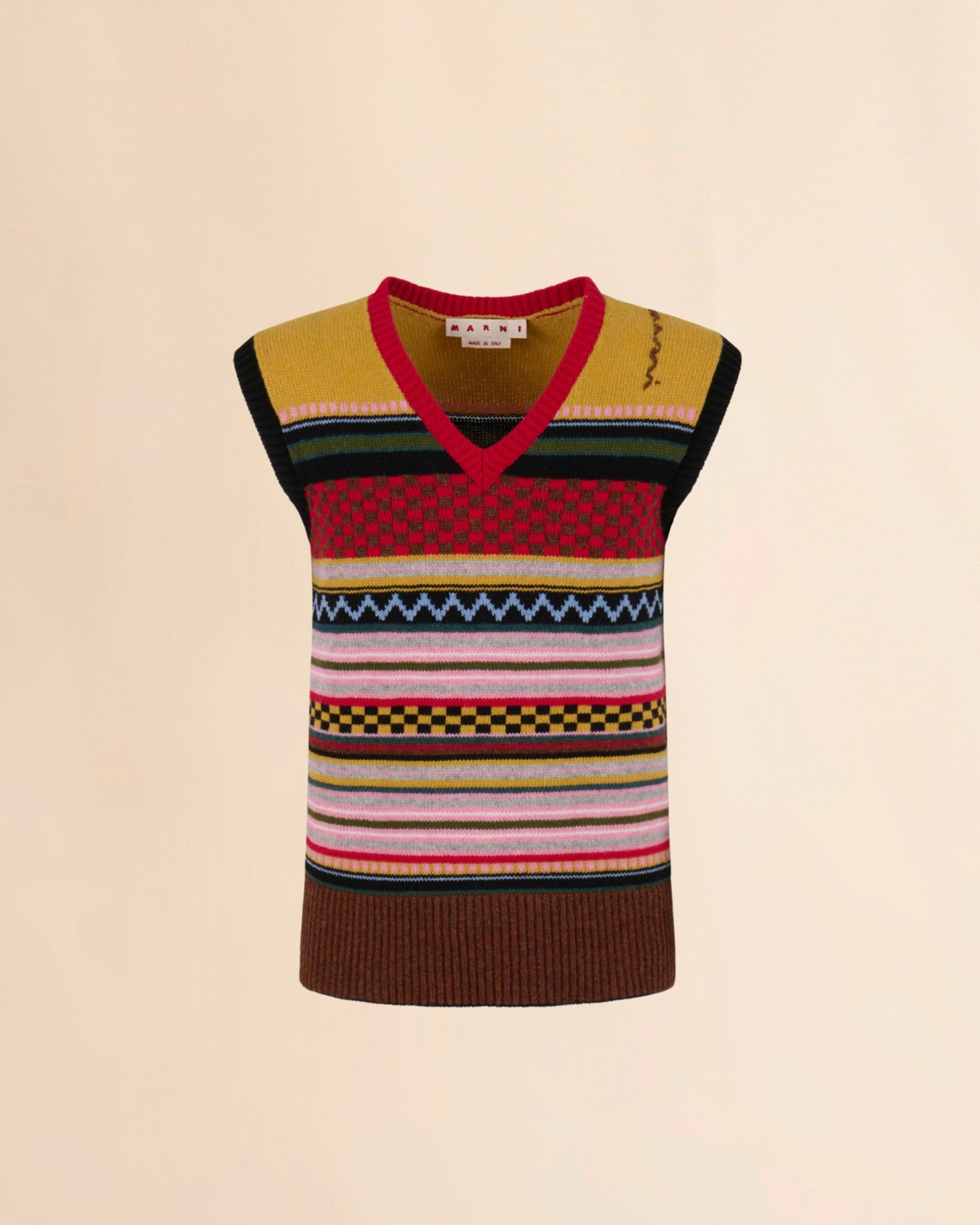Marni Multicolour Wool Sleeveless Jumper With Mixed Patterns