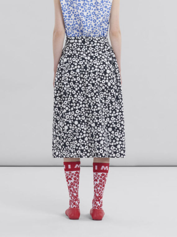 Marni Poplin Midi Skirt With Black And White Pop Fields Motif