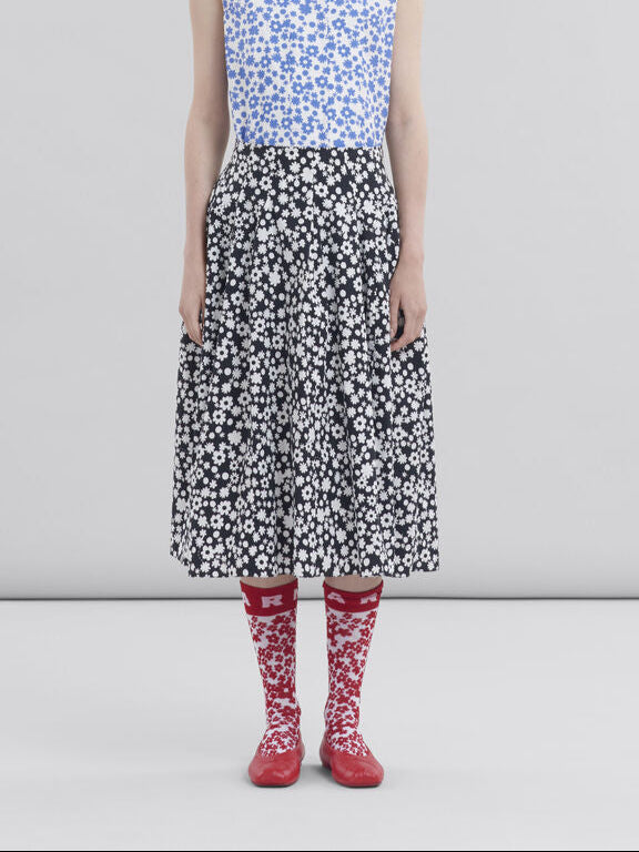 Marni Poplin Midi Skirt With Black And White Pop Fields Motif