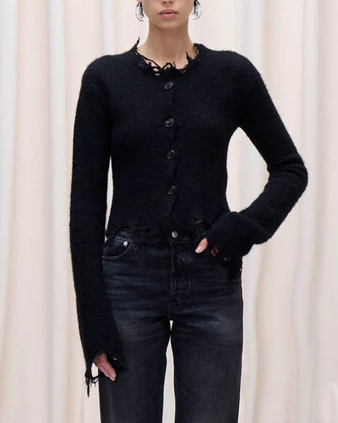 Haikure Frayed Cardigan With Fringe Trim Black