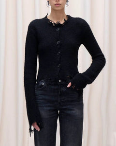 Haikure Frayed Cardigan With Fringe Trim Black