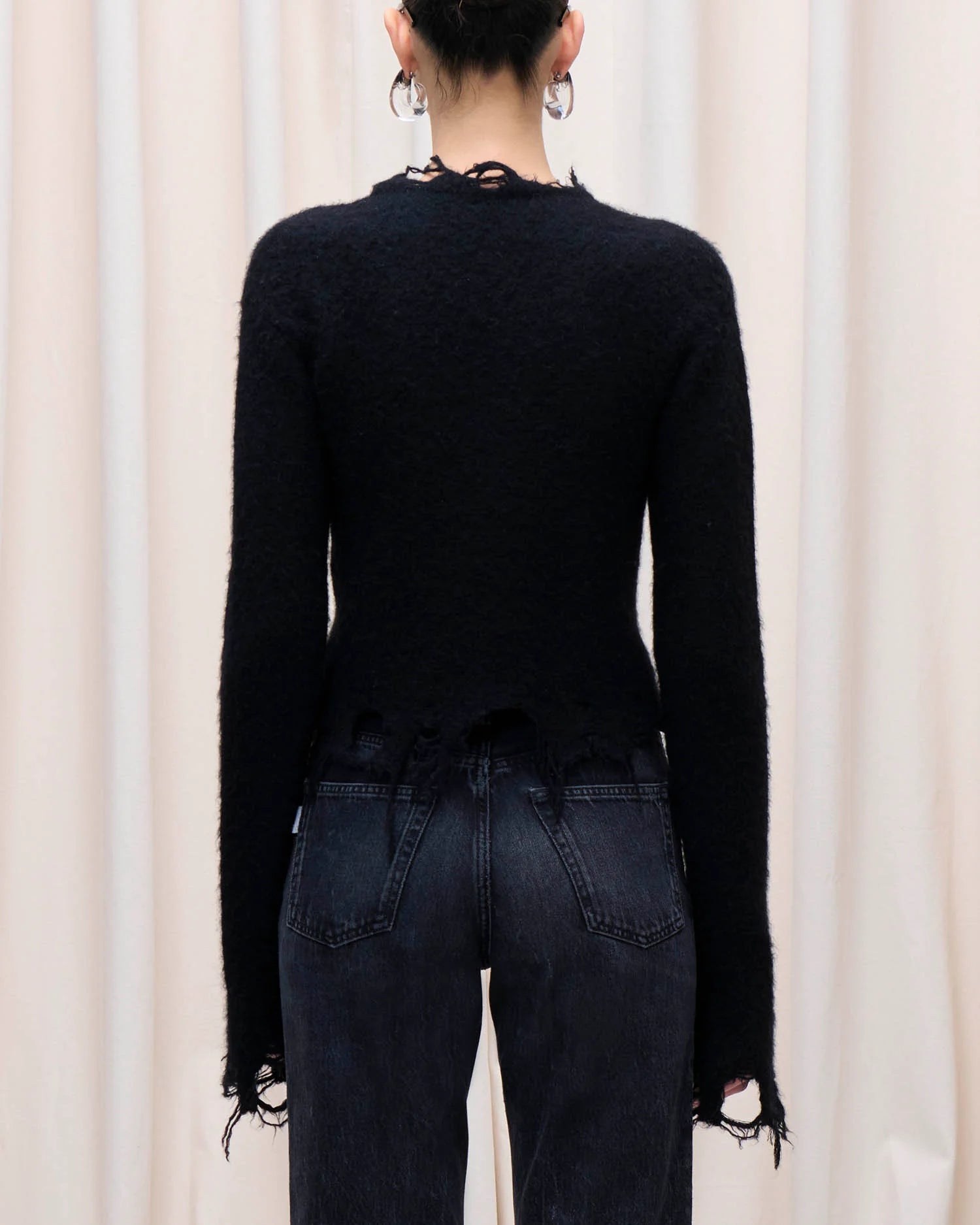 Haikure Frayed Cardigan With Fringe Trim Black