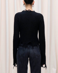Haikure Frayed Cardigan With Fringe Trim Black