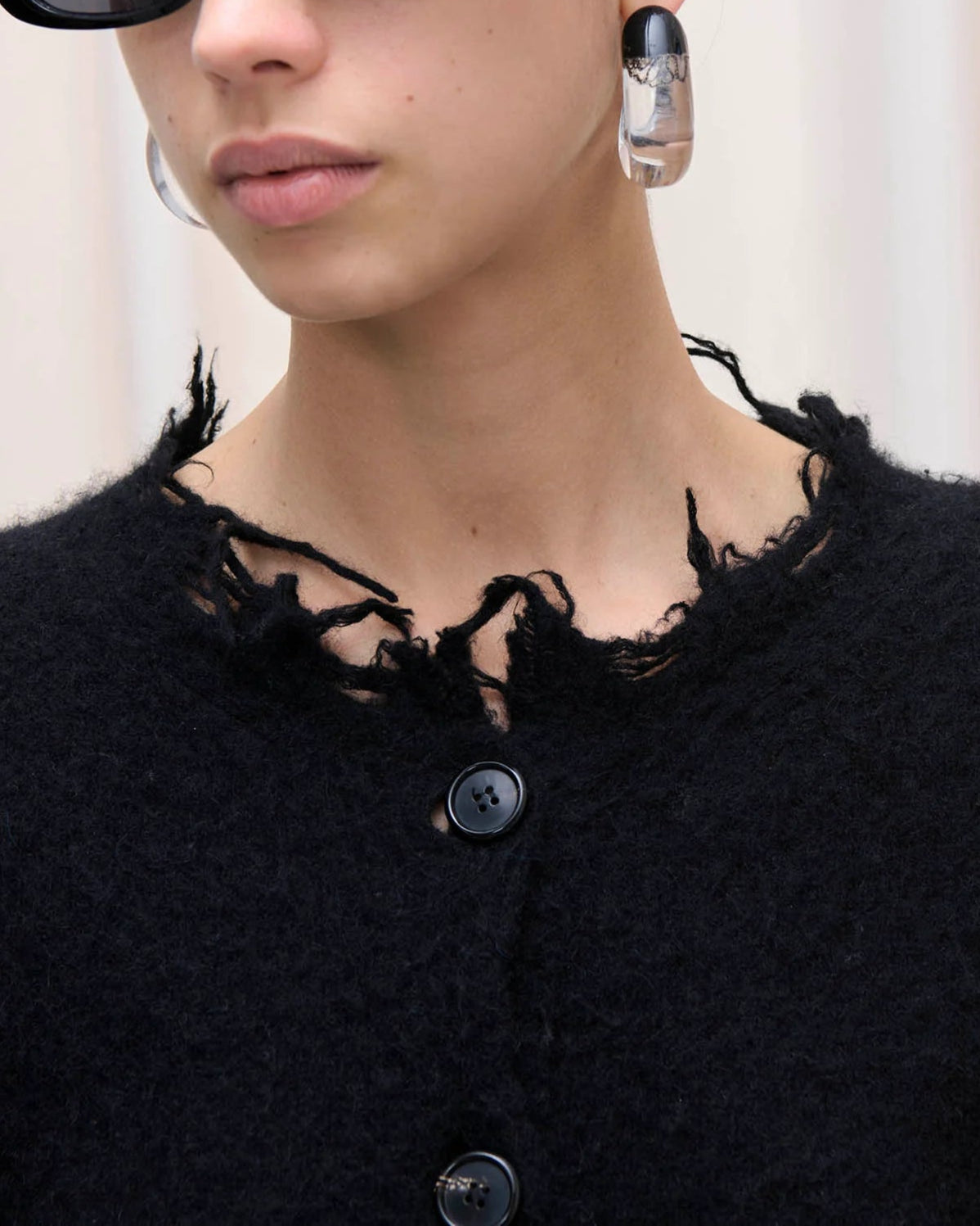 Haikure Frayed Cardigan With Fringe Trim Black